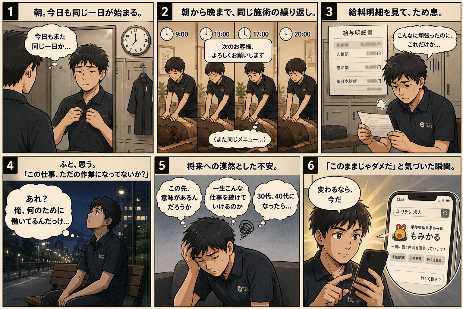 リラクゼーション業界で働く経験者が、ただの作業になっている毎日に気づくまでの6コマ漫画