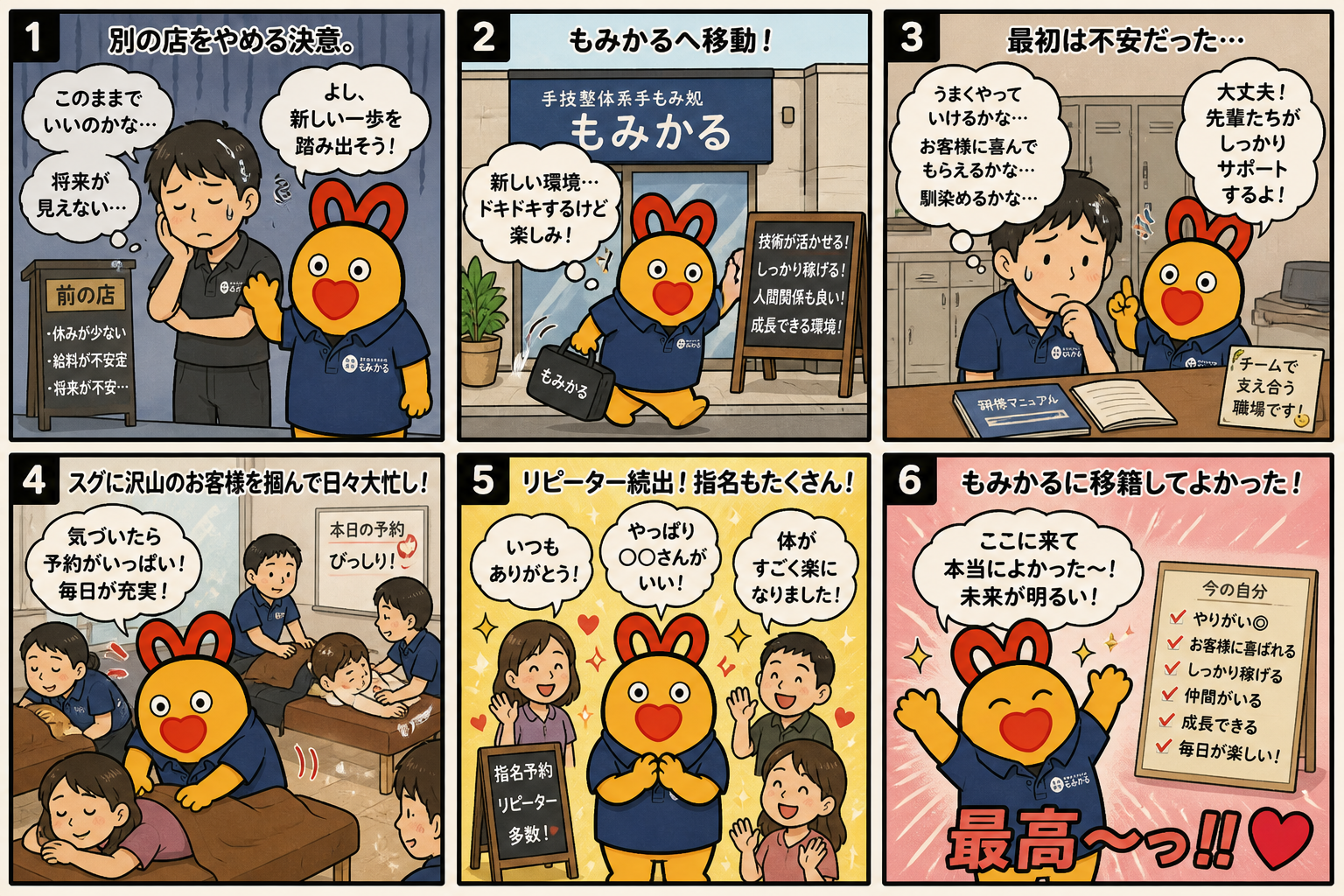リラクゼーション業界経験者がもみかるに移籍して成功するまでの6コマ漫画