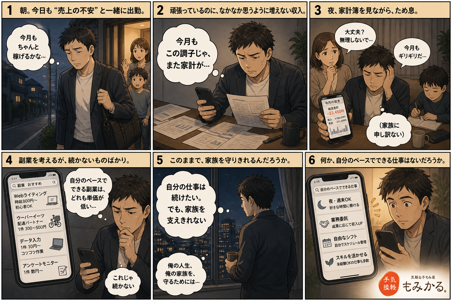 副業を考えている個人事業主・会社員が、家族を守るために何かを始めようと決意するまでの6コマ漫画