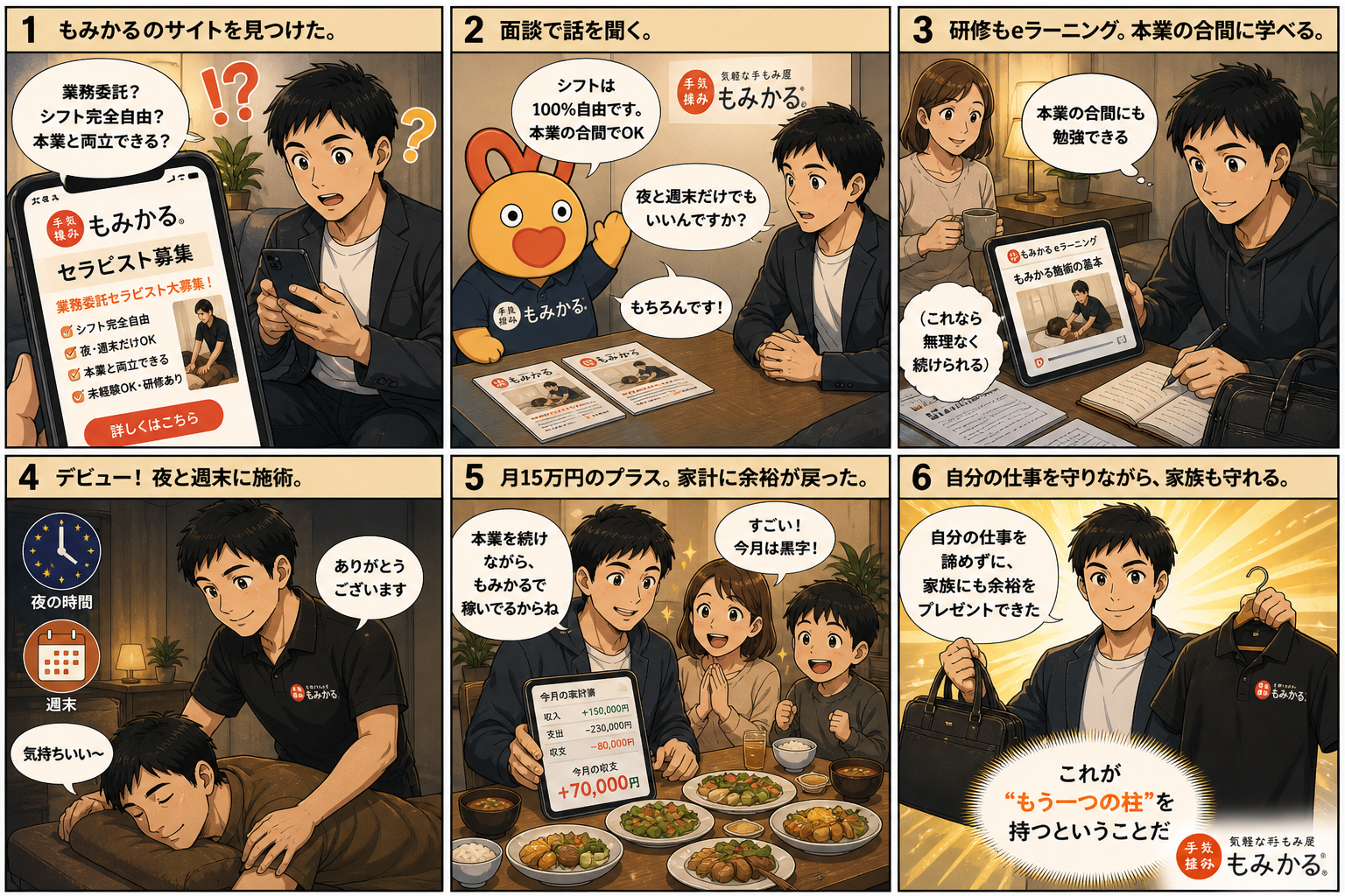 副業を始めた人がもみかるで月15万円のプラスを得て、家計に余裕が戻る6コマ漫画