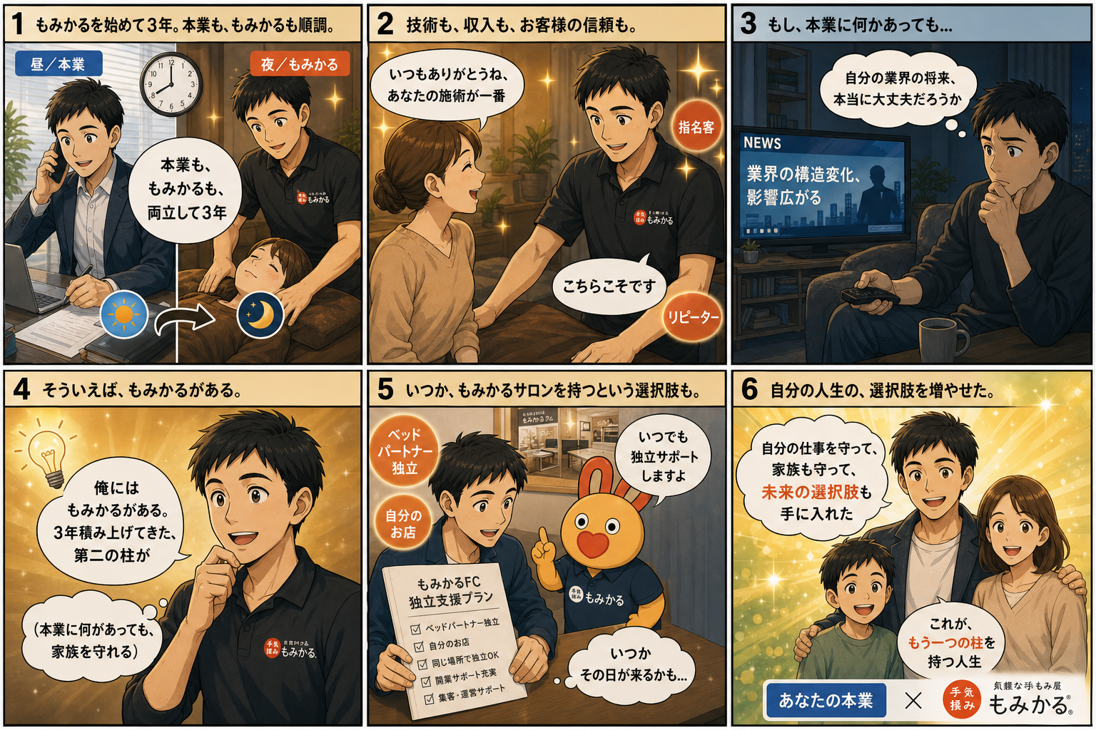 副業として始めたもみかるが3年後に第二の柱として機能し、本業との両立や独立の選択肢を手に入れる6コマ漫画
