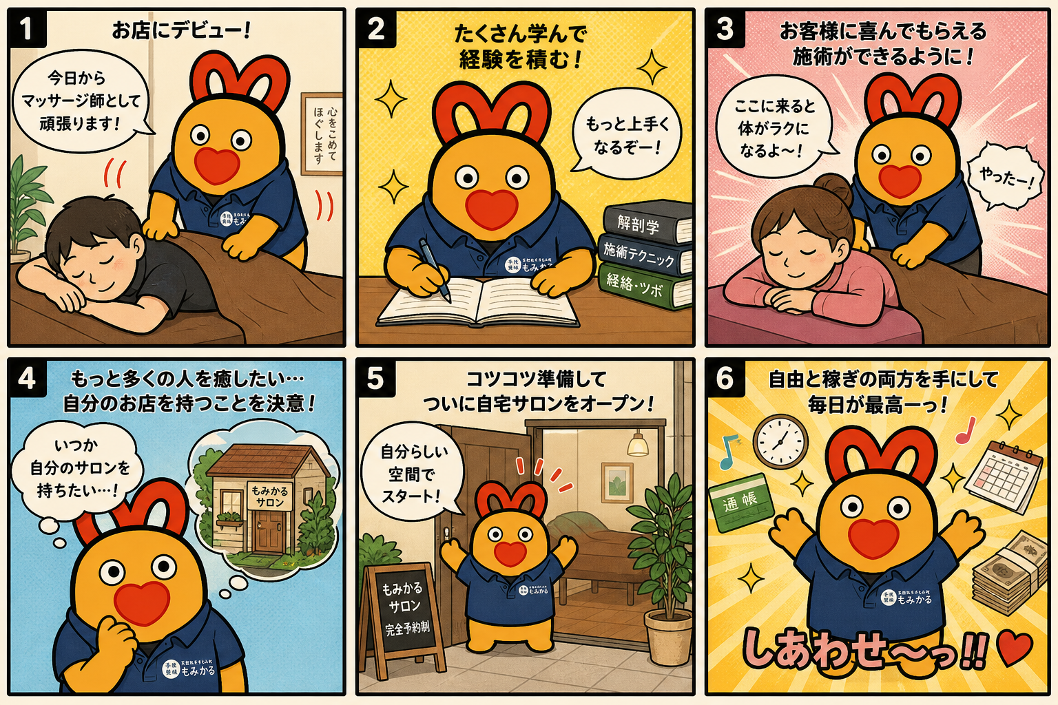 もみかるで働き始めてから自宅サロンをオープンするまでの6コマ漫画